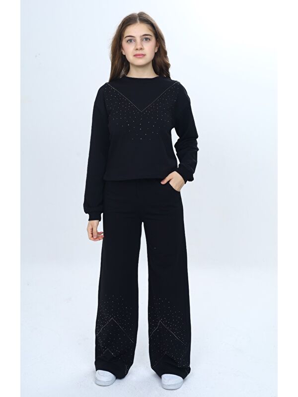 Toontoykids Kız Çocuk 2'li Takım Taş İşlemeli Bisiklet Yaka Sweatshirt & Beli Lastikli Bol Paça Cepli Eşofman Al