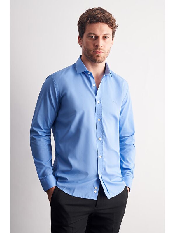 İMZA Saks Yarım İtalyan Yaka Uzun Kol Slim Fit Pamuklu Gömlek 1004255180