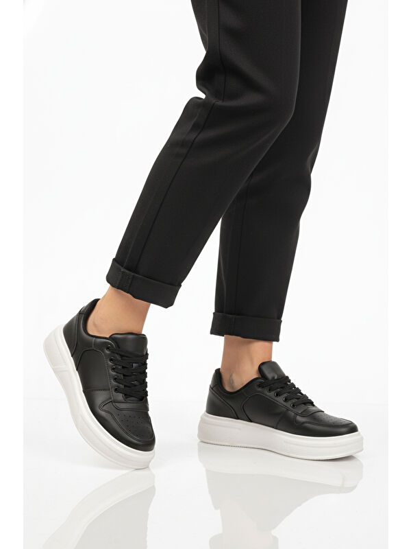 Ayakmod Siyah Beyaz Bağcıklı Cilt Hafif Unisex Sneaker Aper 049 G
