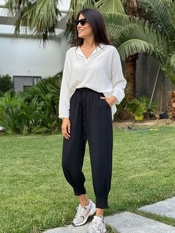 Trendseninle Siyah Paça Piliseli Crep Pantolon