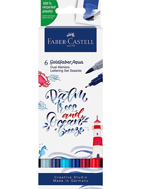 Faber-Castell Goldfaber Aqua Çift Uç Markör Kaligrafi 6’lı Seaside, Fırça ve Fineliner, Solmaya Dayanıklı Mürekkep