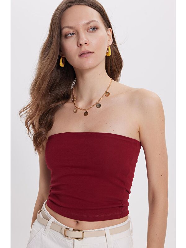 TUDORS Kadın Slim Fit Dar Kesim Pamuklu Straplez Bordo  Bluz