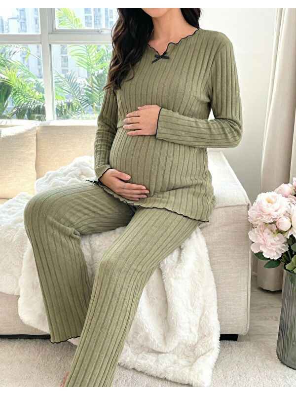 MİSS DÜNYA LİSSA Haki Yumoş Dokulu Emzirmeye Uygun Ayarlanabilir Bel Destekli Hamile & Lohusa Pijama Takımı