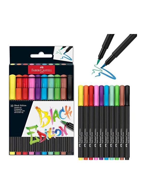 Faber-Castell Black Edition Keçeli Kalem Fırça Uç 10’lu, Parlak Renkler, Yazım ve Boyama İçin Uygun, Yumuşak