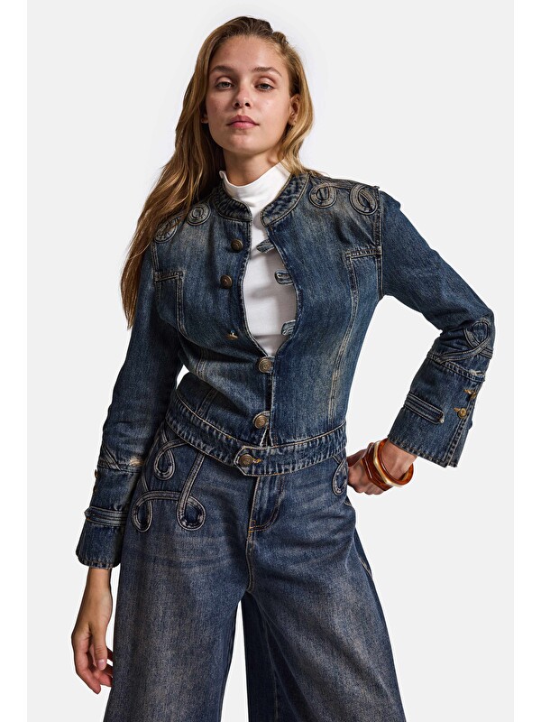 It's Basic Kadın Koyu Jean 4w6-8 Kemer Boy Nakış Detaylı Tasarım Napolyon Denim Ceket