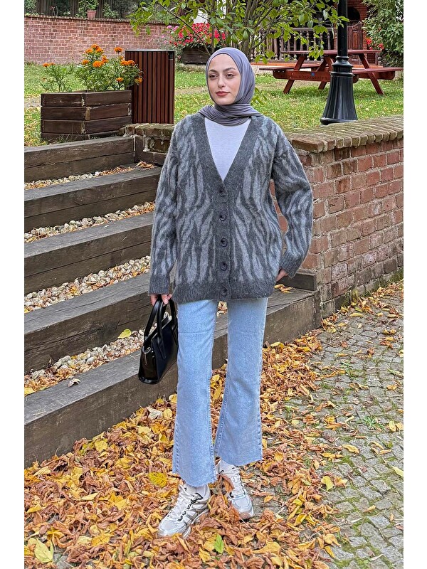 Lamelif Zebra Desen Hırka Gri