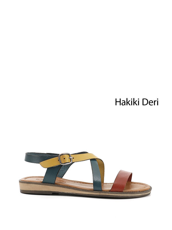 GÖNDERİ(R) Kadın SAKSMAVİ-NEONYEŞİL Hakiki Deri Sandalet