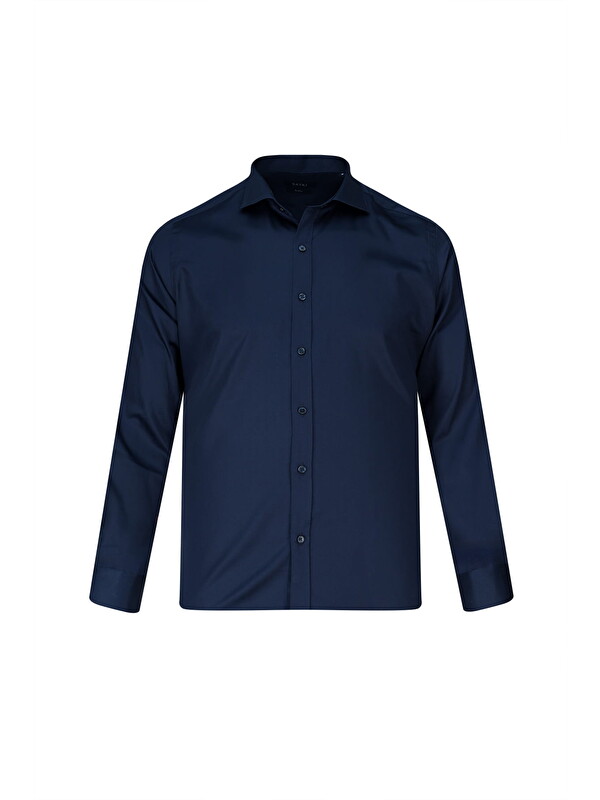 Hatemoğlu Lacivert Slim Fit Açık İtalyan Yaka Uzun Kollu Saten Gömlek