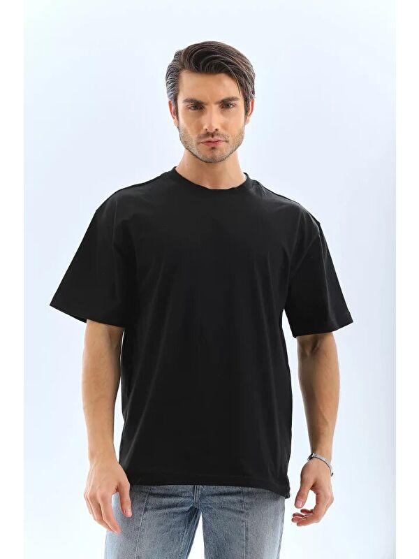 Jane's Unisex Oversize Düz Bisiklet Yaka T-Shirt - Siyah