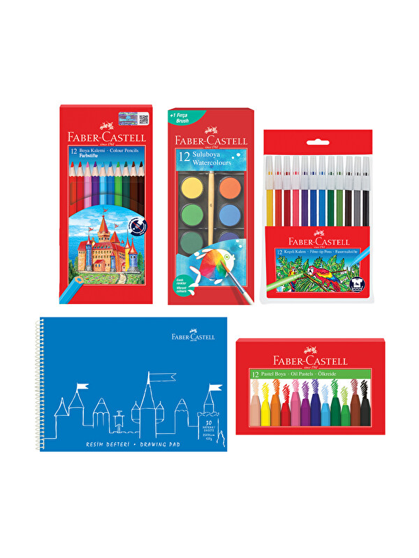 Faber-Castell Boyama Seti ve 25x35 Resim Defteri – Sulu, Pastel, Keçeli, Kuru Boya ile (Karma Renk Gönderilir)