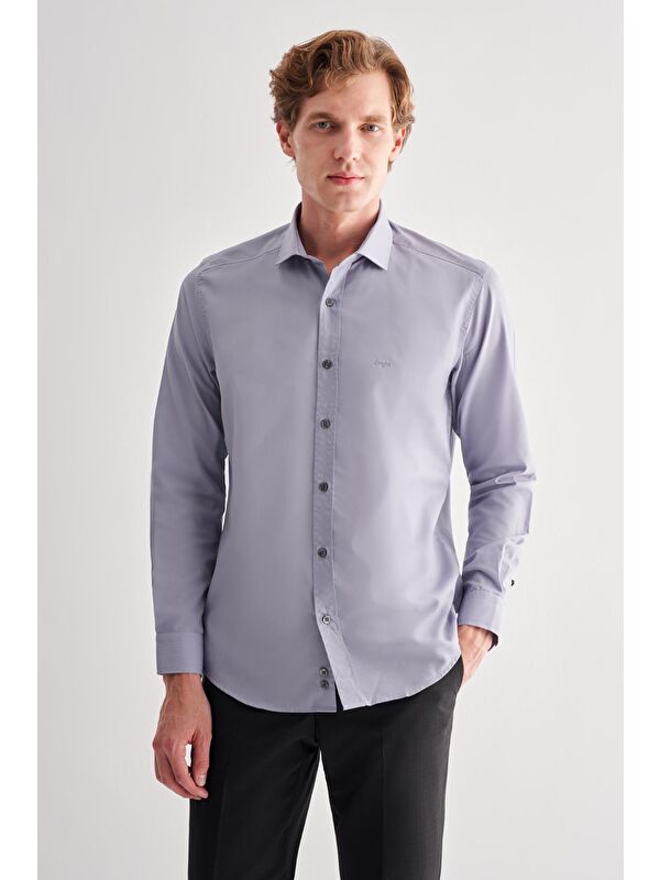 İMZA Koyu Gri Yarım İtalyan Yaka Uzun Kol Slim Fit Pamuklu Gömlek 1004255180