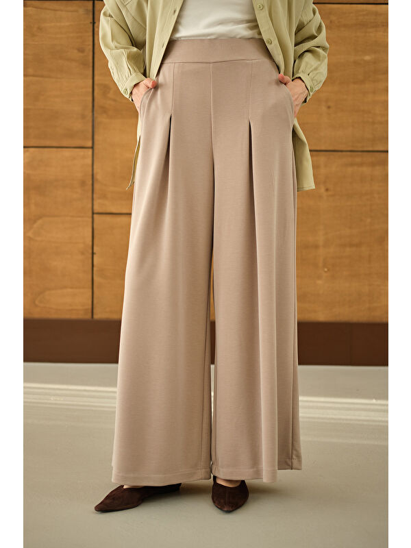 Locco Moda Kadın Bol Paça Pantolon Krem