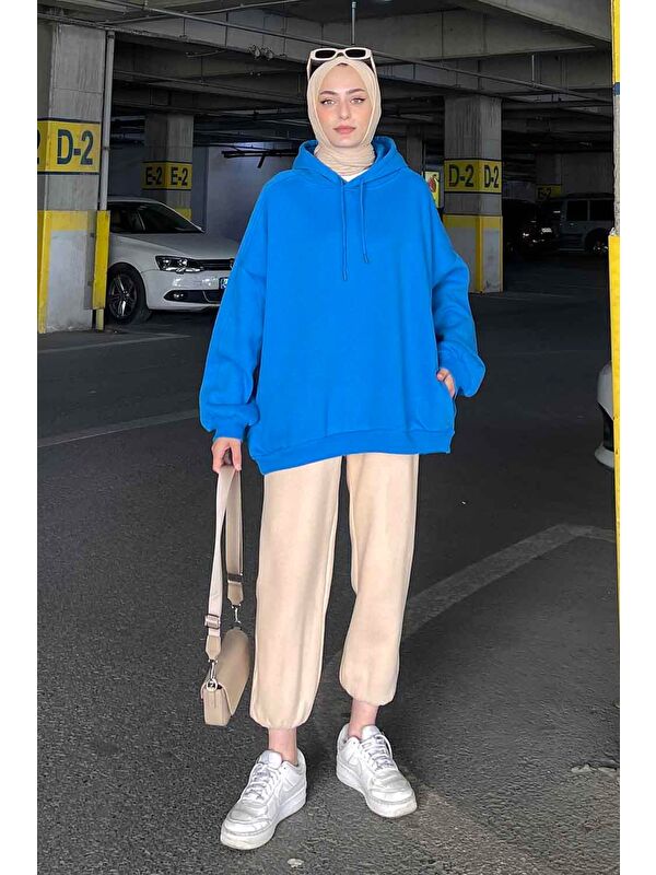 Lamelif Kapüşonlu Oversize Yan Cepli Sweat Saks Mavisi