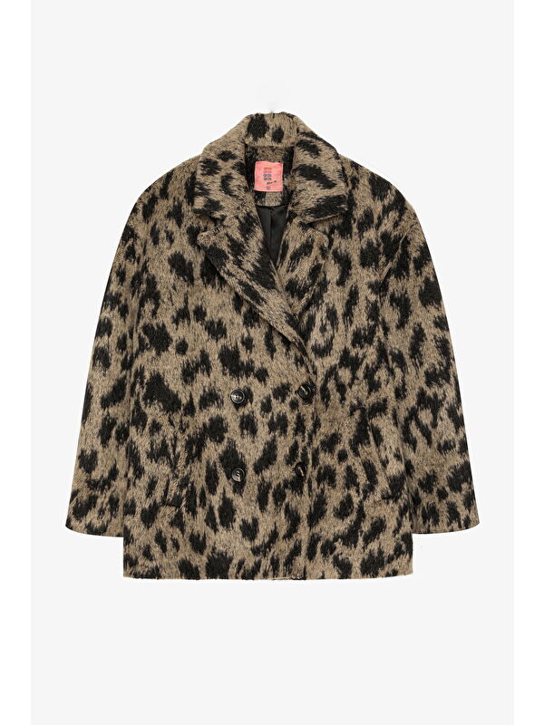 QUZU Leopar Desenli Oversize Kruvaze Kaban Bej
