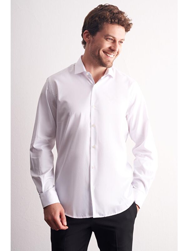 İMZA Beyaz Yarım İtalyan Yaka Uzun Kol Premium Slim Fit %100 Pamuk Gömlek 1004255197