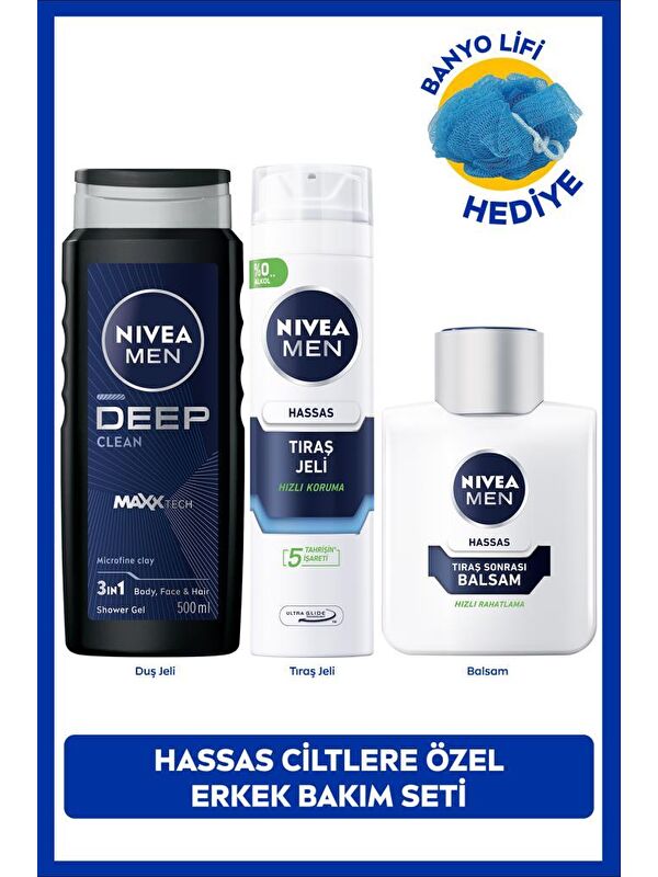 NIVEA MEN Erkek Deep Dimension Duş Jeli 500ml, Hassas Tıraş Jeli ve Tıraş Sonrası Balsam 100ml, Lif Hediye