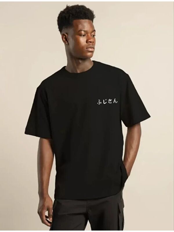 Jane's Unisex Bisiklet Yaka Baskılı Oversize T-Shirt - Siyah