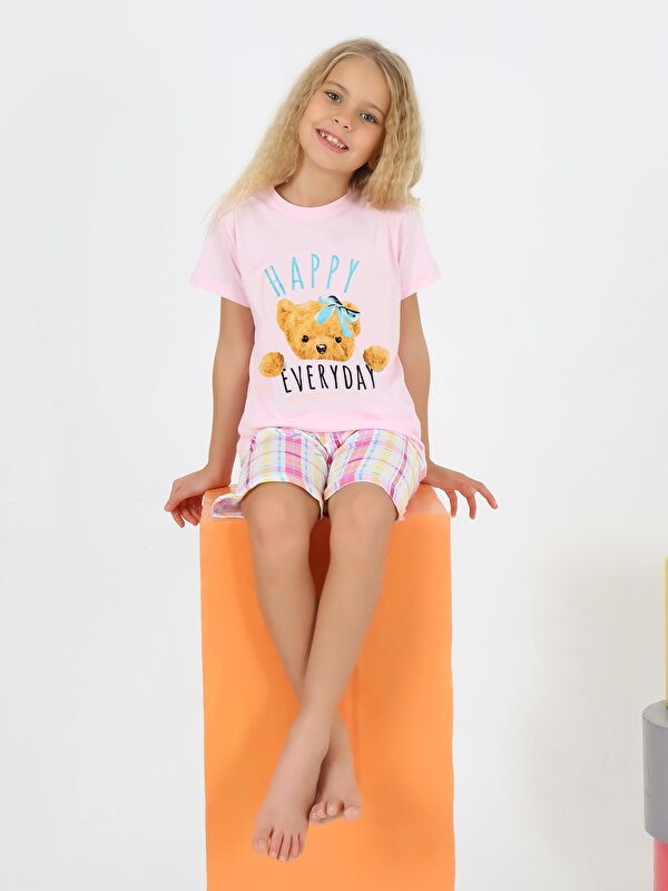 Vitmo Kız Çocuk Kısa Kollu Kapri %100 Pamuklu Happy Bear Pijama Takımı
