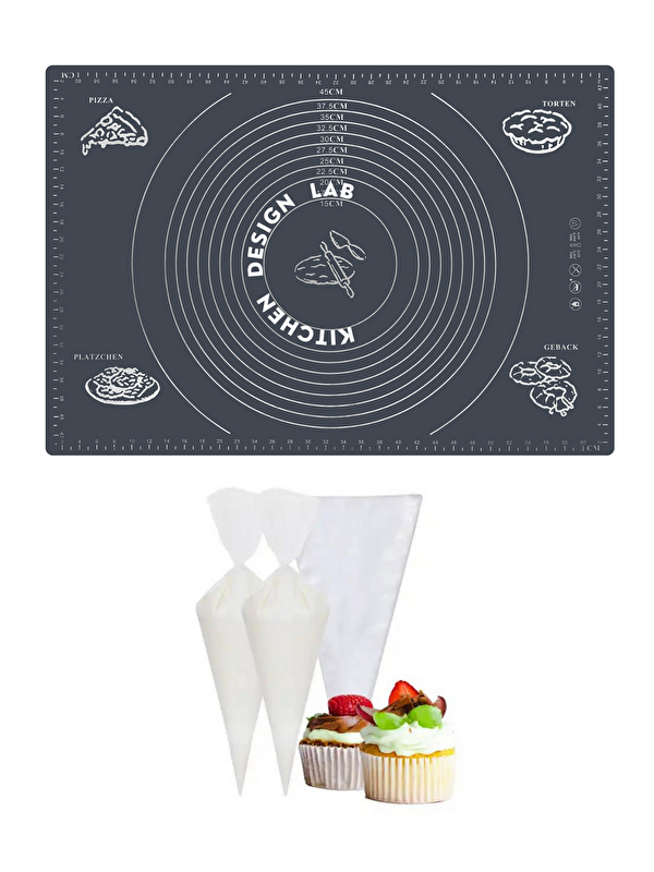 Kitchen Design Lab 2'li Set Gri 45x65 Cm Silikon Hamur Açma Matı Ve Kullan At Krema Torbası