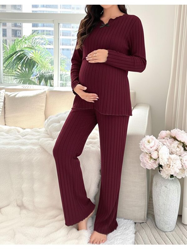 MİSS DÜNYA LİSSA Bordo Yumoş Dokulu Emzirmeye Uygun Ayarlanabilir Bel Destekli Hamile & Lohusa Pijama Takımı
