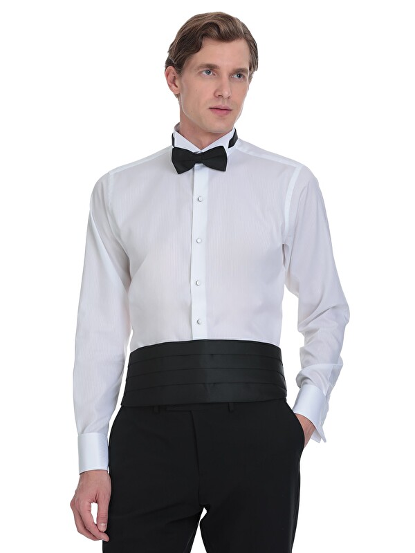 Hatemoğlu Beyaz Comfort Fit Ata Yaka 100% Pamuk Uzun Kollu Damatlık Gömlek