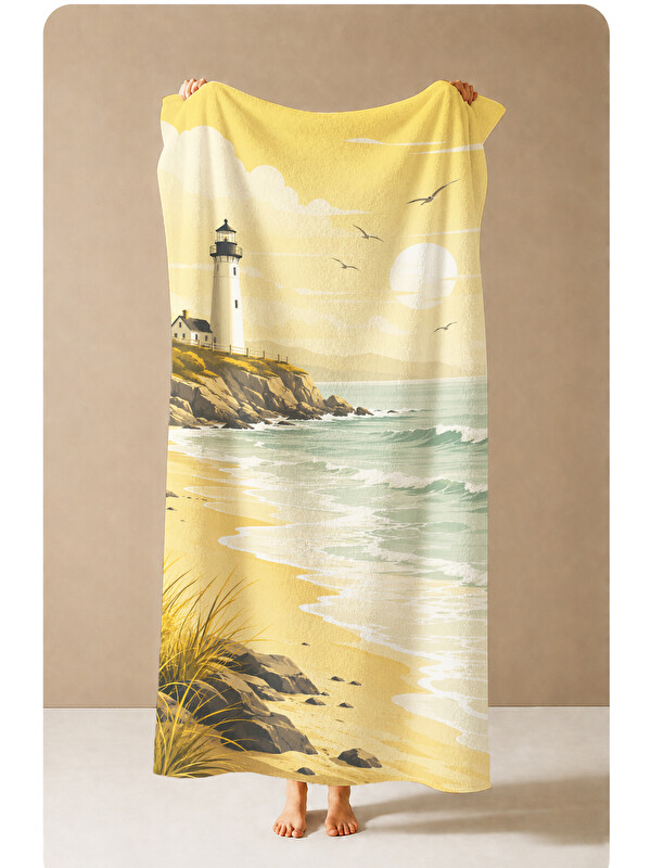 Milbay Grup Vintage Sarı Deniz Feneri Sahil Desenli 70x150 Plaj Havlusu - Dijital Baskılı Solmaz Banyo Havlusu