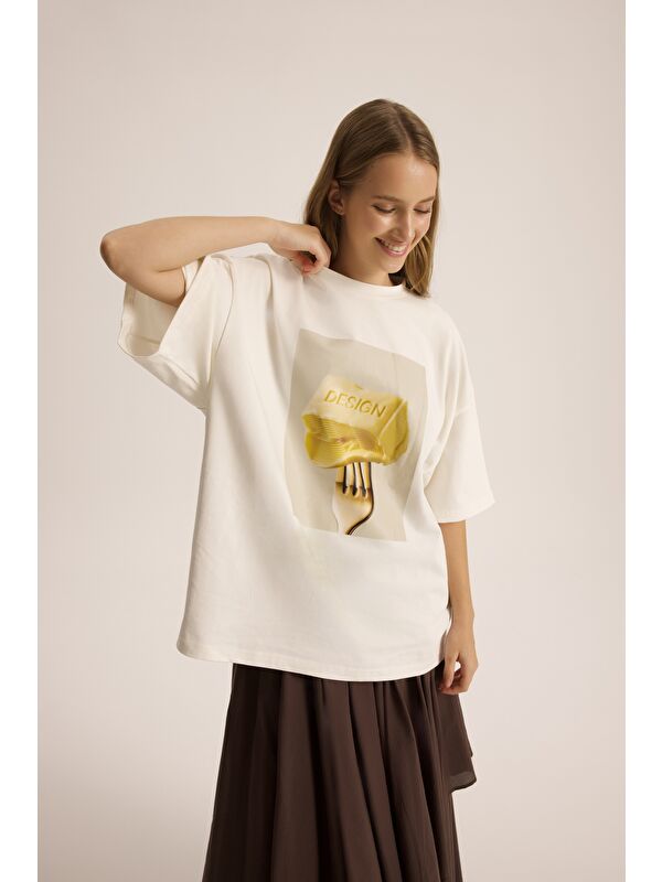 Mai Collection Fork Design Beyaz Oversize T-Shirt