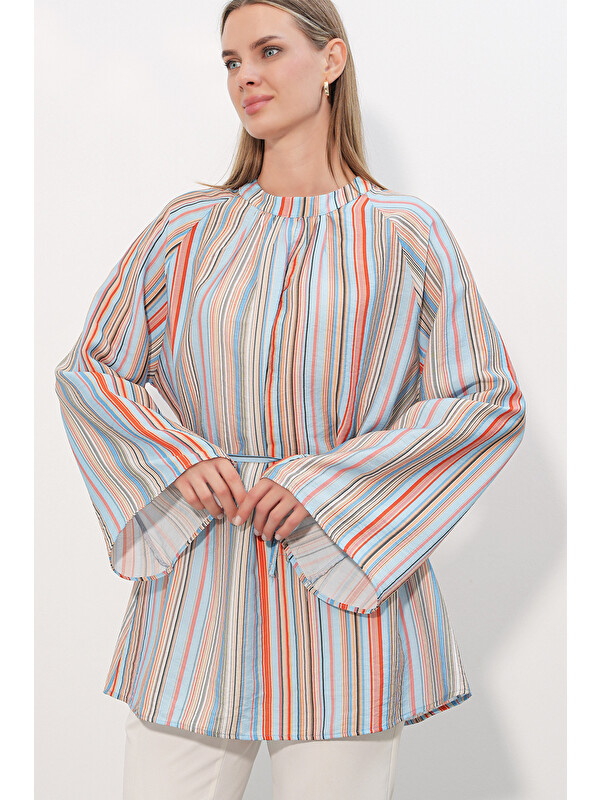 Bigdart Kadın Çizgili Bağcıklı Oversize Tunik 50009 - Mavi