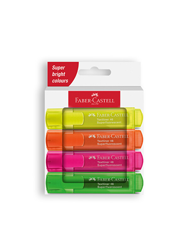 Faber-Castell Fosforlu Kalem Seti, 4’lü, Şeffaf Gövde, Su Bazlı Mürekkep, Kesik Uç, 3 Farklı Çizgi Kalınlığı