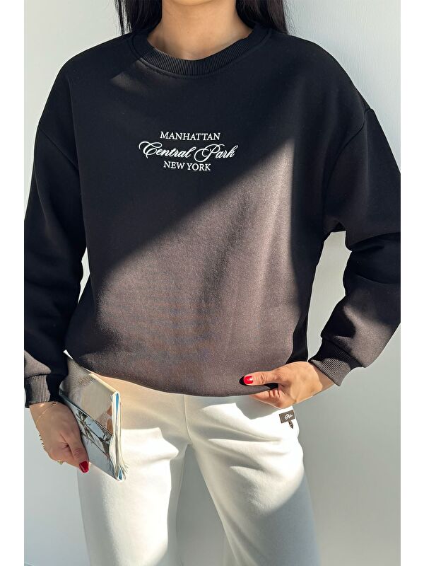 Gülseli Kadın Ön Yazı Baskılı Bisiklet Yaka Şardonlu Sweatshirt