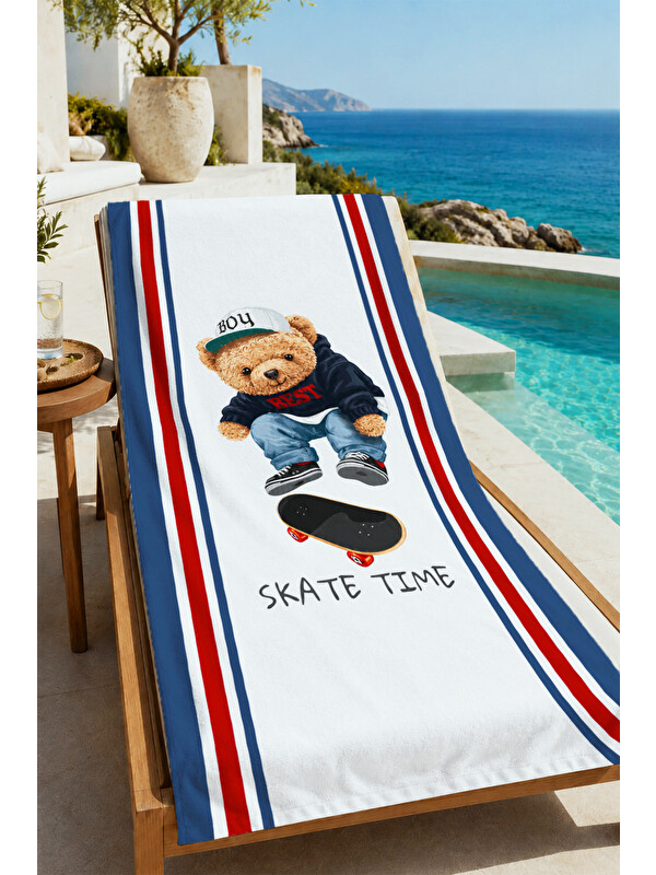Milbay Grup Skate Time Kaykaycı Ayıcık Desenli 70x150 Plaj Havlusu - Dijital Baskılı Solmaz Banyo Havlusu