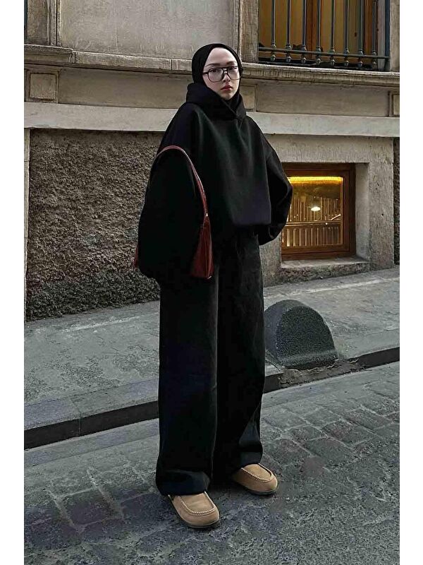 Lamelif Kapüşonlu Oversize Yan Cepli Sweat Siyah