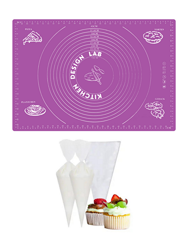 Kitchen Design Lab 2'li Set Mor 45x65 cm Silikon Hamur Açma Matı ve Kullan At Krema Torbası