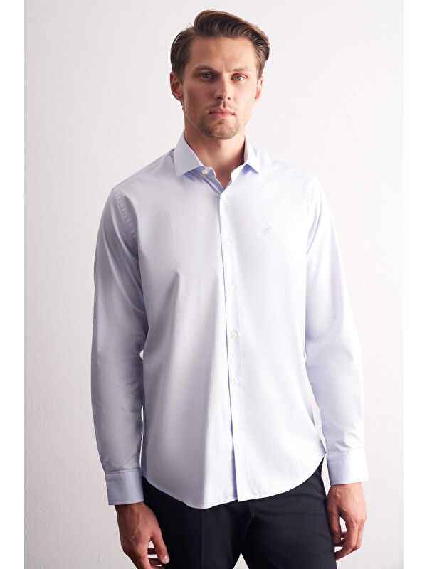 İMZA Mavi Yarım İtalyan Yaka Uzun Kol Premium Slim Fit %100 Pamuk Gömlek 1004255197