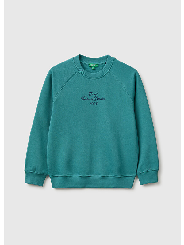 United Colors Of Benetton Erkek Çocuk Petrol Yeşili Önü İşlemeli Ribanalı Reglan Kollu Bisiklet Yaka Sweatshirt