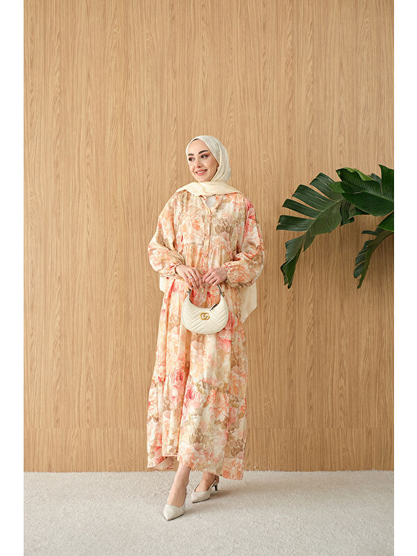 Locco Moda Kadın Floral Çiçek Desen Elbise Somon