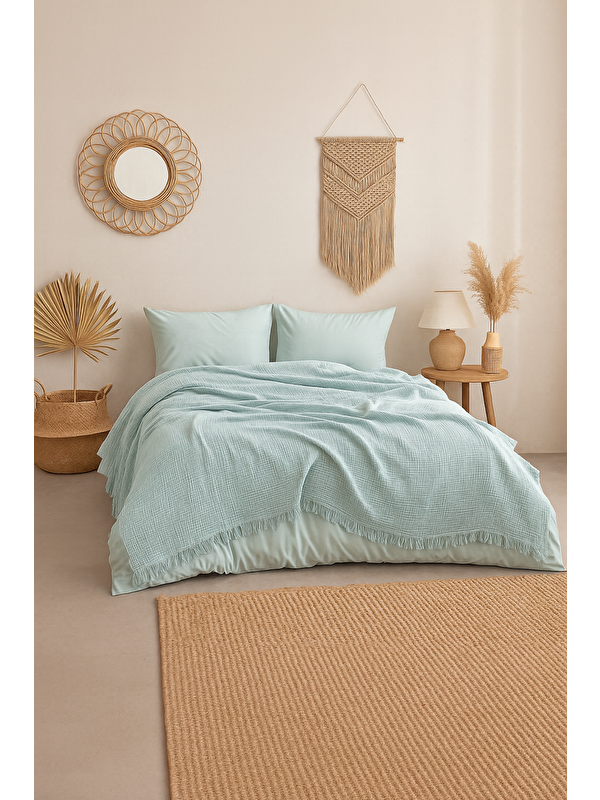Tabu Home Müslin Turkuaz Çift Kişilik Yatak Örtüsü – 4 Katlı