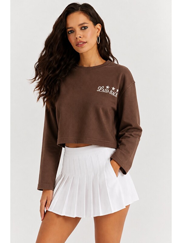 carla10 Yıldız Baskılı Crop Sweatshirt - Kahverengi