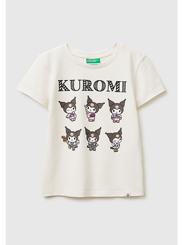 United Colors Of Benetton Kız Çocuk Ekru Önü Baskılı Etek Ucu Logolu Bisiklet Yaka T-Shirt