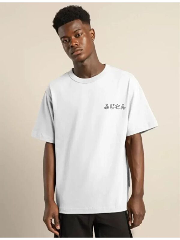 Jane's Unisex Bisiklet Yaka Baskılı Oversize T-Shirt - Beyaz