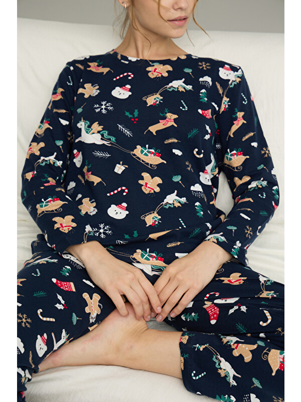 Siyah İnci lacivert kurabiye yılbaşı desenli Pamuklu Bisiklet Yaka Örme Pijama Takım 25241140