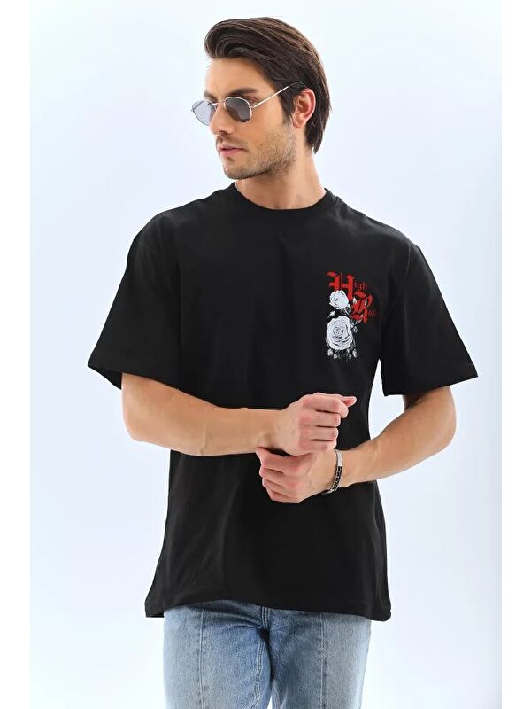 Jane's Unisex Oversize Baskılı Bisiklet Yaka T-Shirt - Siyah