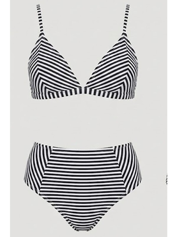 C&City Yüksek Bel Üçgen Bikini Takım 3228 Lacivert/Beyaz