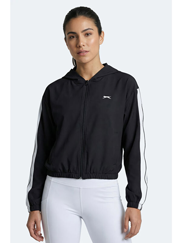 SLAZENGER RAZZLE Kadın Fermuarlı Kapüşonlu Cepli Siyah Sweatshırt