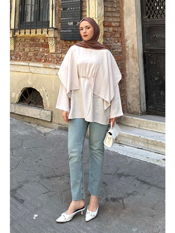 Lamelif Pelerin Detaylı Oversize Tunik Bej