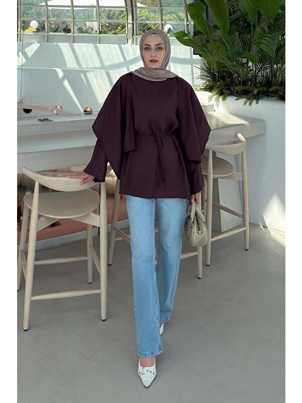 Lamelif Pelerin Detaylı Oversize Tunik Mürdüm