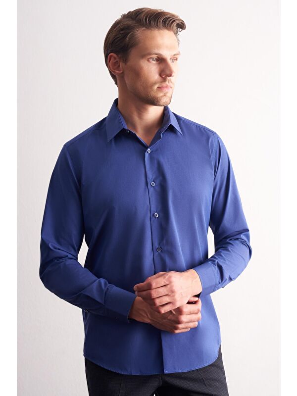 İMZA Açık Lacivert Sert Yaka Filafil Desen Uzun Kol Slim Fit Pamuklu Gömlek 1004255181