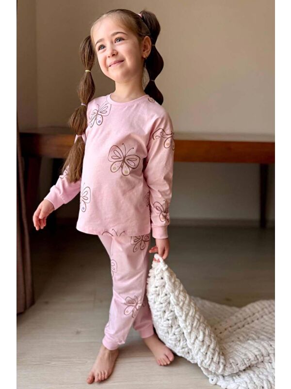 Riccotarz Kız Çocuk Bilekleri Manşetli Kelebek Desenli Pembe Pijama Takımı