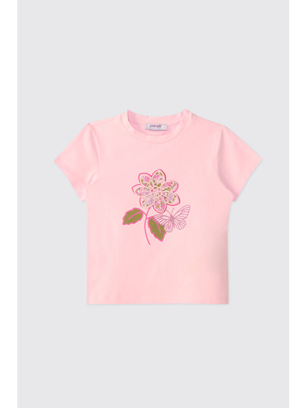 Panço Liberty Kumaş Kız Bebek Pembe Kısa Kollu Tişört