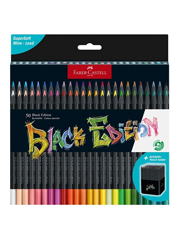 Faber-Castell Renkli kalemler Blackwood, Black Edition, 50'li kutu, parlak renkler, yumuşak çizgili, siyah ahşap